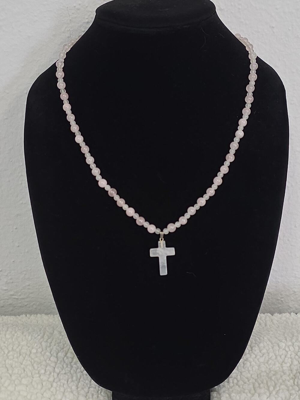 Rose Quartz Beaded Cross Pendant Necklace Silver Tone Toggle Clasp 22" Religious